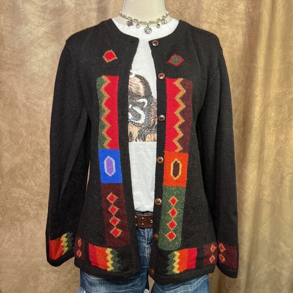 Southwestern Knit Cardigan Sweater Multicolor Rainbow Button Up Vintage 90s Fall